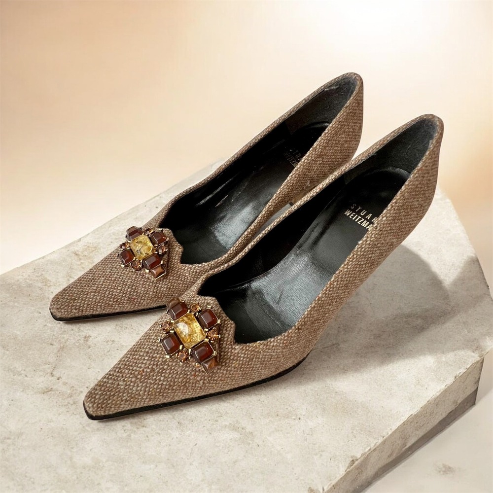 Stuart Weitzman Malta Camel Tweed Jewel Embellished Pointed Toe Pumps Tan 7M